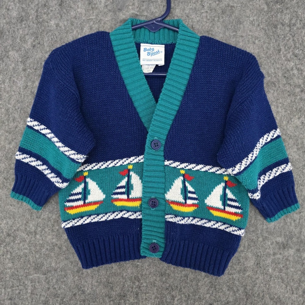 Vintage Baby B'gosh Sweater Boys 12M Blue Sailboat Cardigan USA Nautical 80s